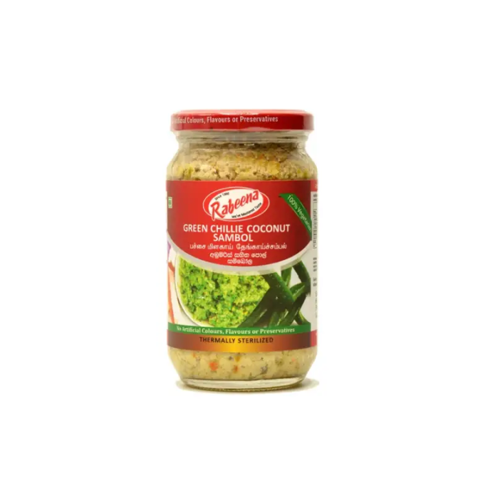 Rabeena Green Chilli Coconut Sambol. Ready-to-eat spicy coconut relish.