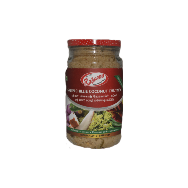 Rabeena Green Chilli Coconut Chutney. Authentic spicy side dish for South Indian meals.