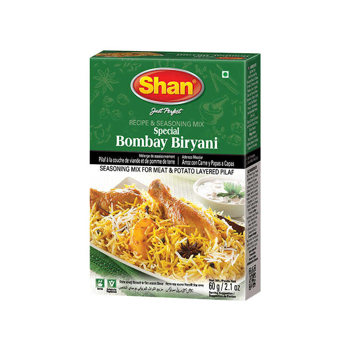 Shan Bombay Biryani Masala. Rich and spicy blend with dried plums.