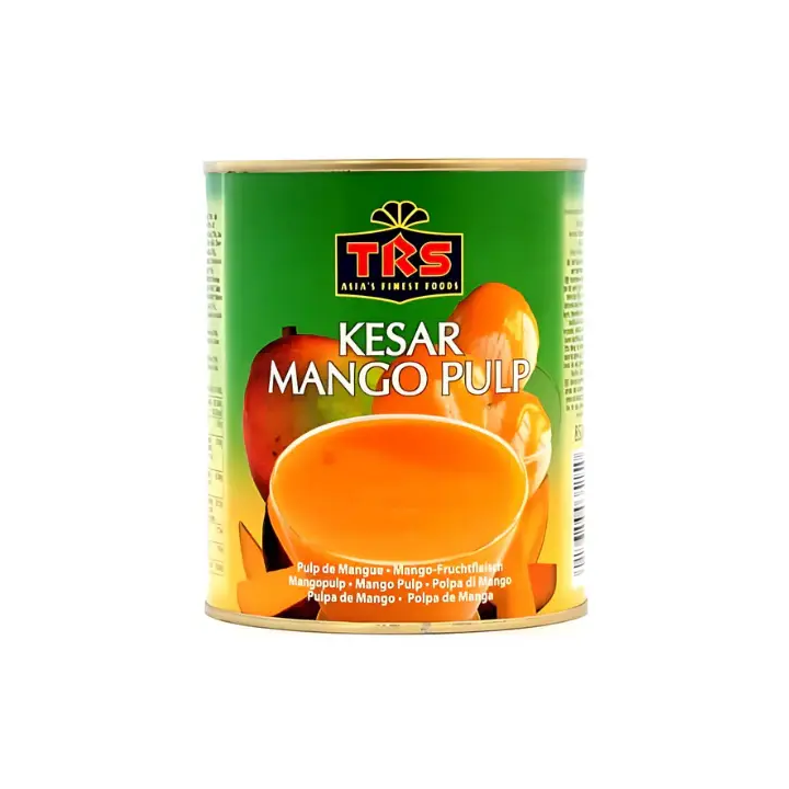 TRS Kesar Mango Pulp. Aromatic and sweet mango purée for authentic Indian desserts.