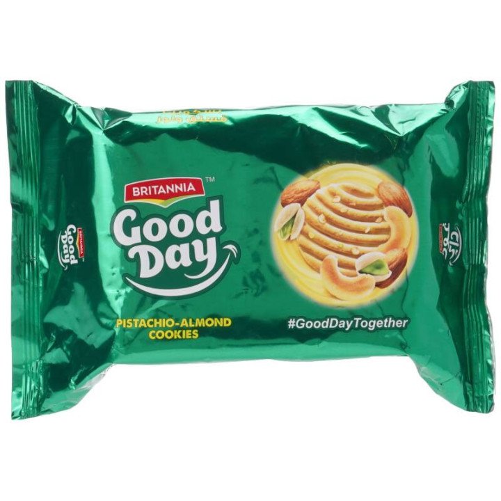 Britannia Good Day Pistachio-Almond Cookies. A premium nutty delight for cookie lovers.