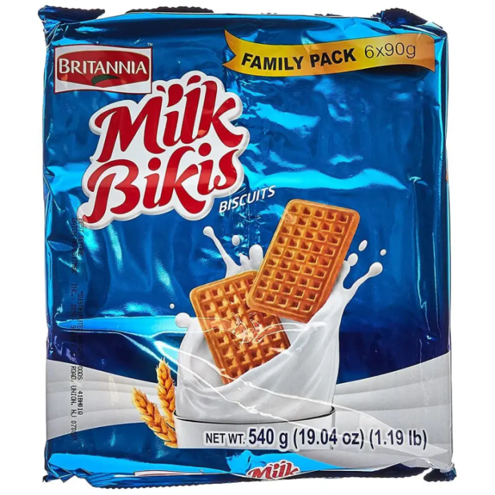 Britannia Milk Bikis. Milk-enriched biscuits perfect for growing kids. Family pack available.