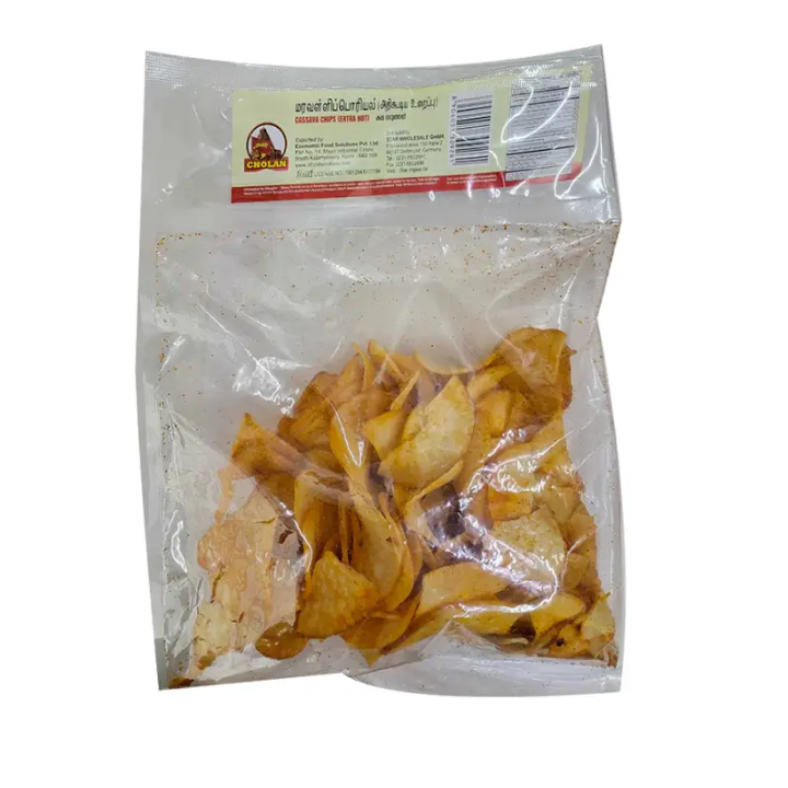 Cholan Extra Hot Cassava Chips. Spicy tapioca crisps for those who love heat.