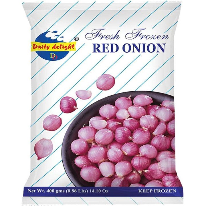 Daily Delight Red Onion. Peeled and frozen small onions. Essential for Sambar and curries.