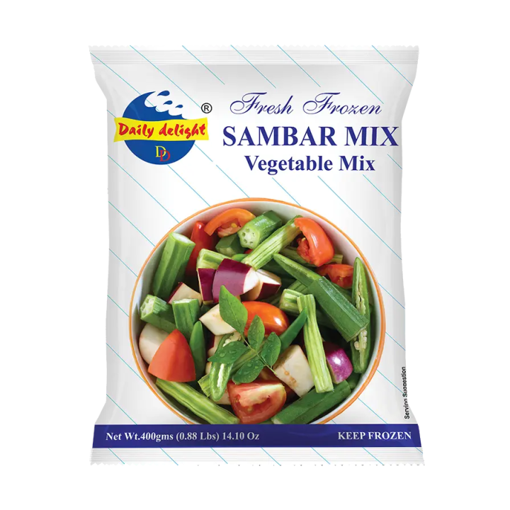 Make Sambar easily with Daily Delight Vegetable Mix. Pre-cut and frozen for freshness.