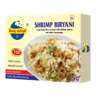 Daily Delight Shrimp Biryani. Delicious seafood rice meal. Microwaveable and ready in minutes.