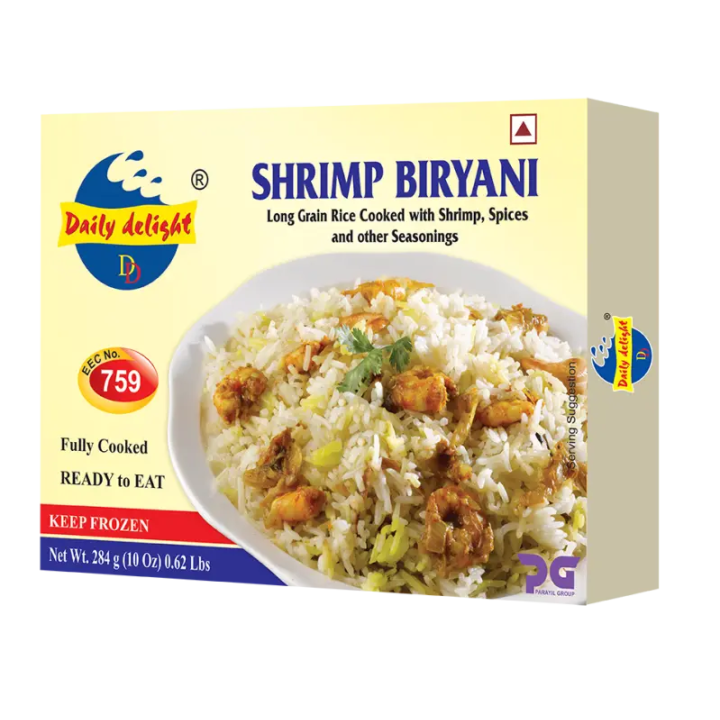 Daily Delight Shrimp Biryani. Delicious seafood rice meal. Microwaveable and ready in minutes.