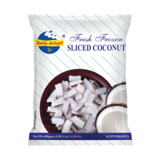 Daily Delight Sliced Coconut. Freshly frozen coconut pieces. Great for cooking and snacking.