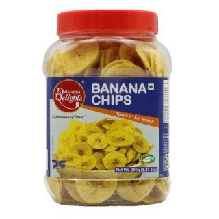 Delicious Delights Banana Chips. Authentic Kerala chips fried in pure coconut oil.
