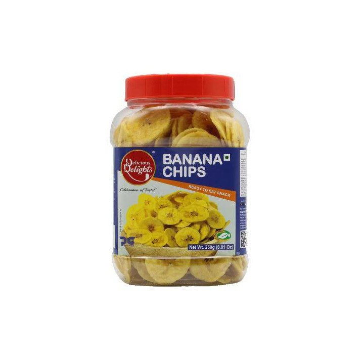 Delicious Delights Banana Chips. Authentic Kerala chips fried in pure coconut oil.