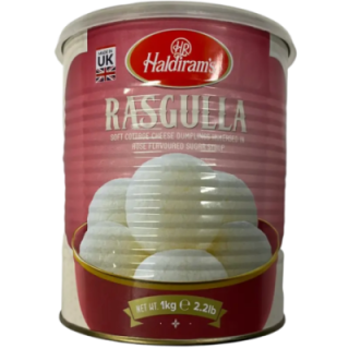 Haldirams Rasgulla. Soft and spongy cottage cheese balls in syrup.