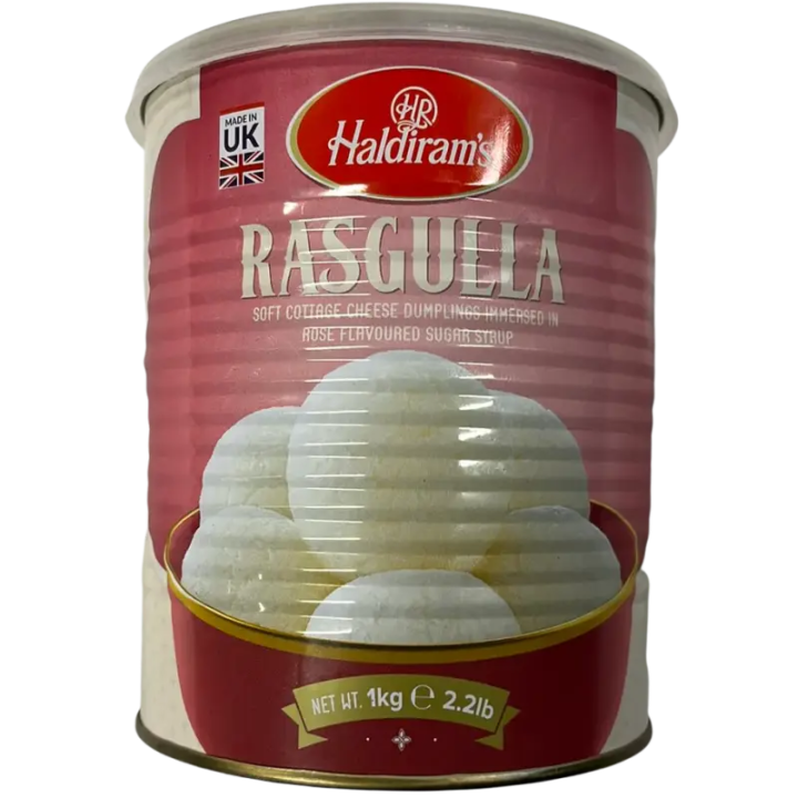 Haldirams Rasgulla. Soft and spongy cottage cheese balls in syrup.