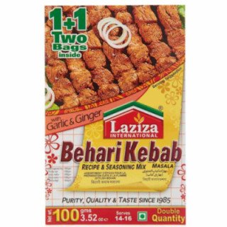 Laziza Behari Kebab Masala. For tender and spicy BBQ meat.