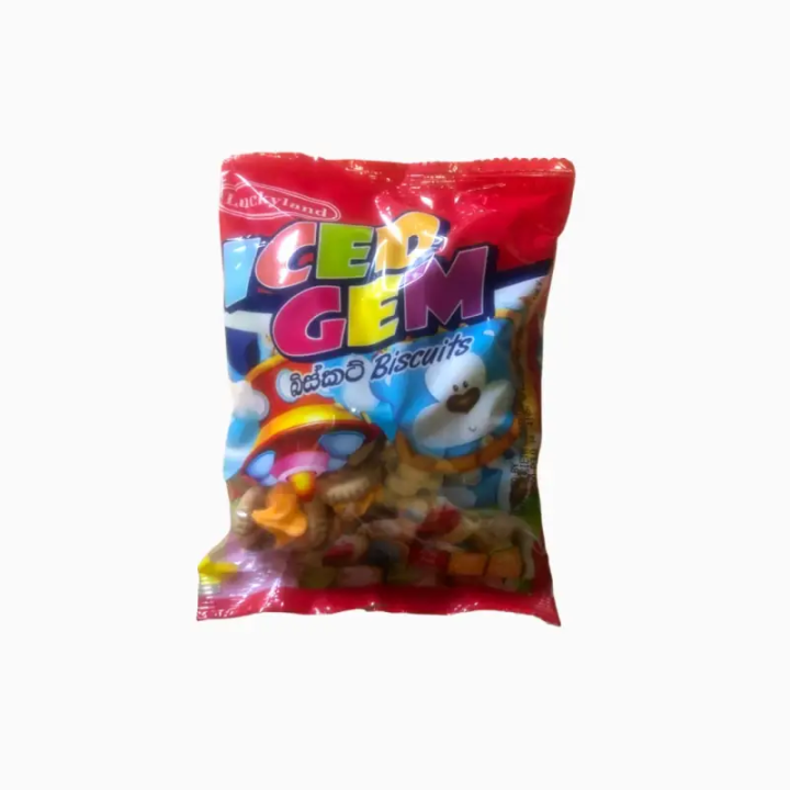 Luckyland Iced Gem. Nostalgic mini biscuits with colourful icing tops.