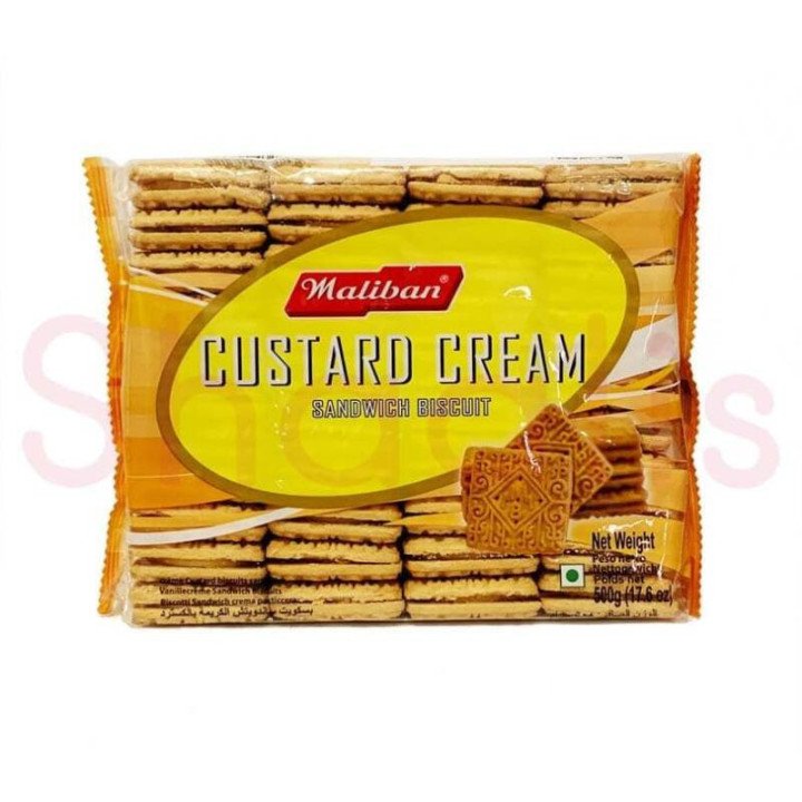 Maliban Custard Cream Biscuits. Classic sandwich biscuits with rich custard filling.