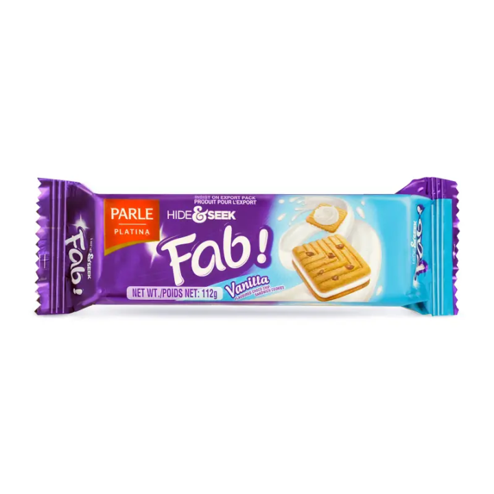 Parle Hide & Seek Fab Vanilla. Delicious vanilla cream between chocolate cookies.